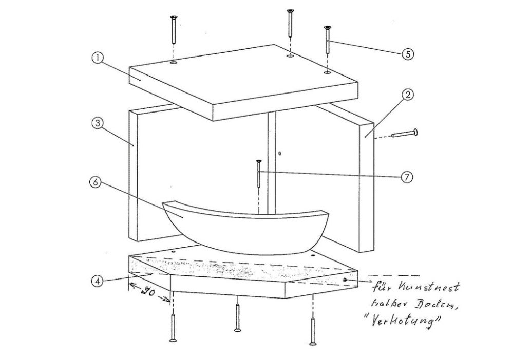 Skizze eines Schwalbenwinkels mit Beschriftungen, Schrauben und Bauteilen für die Montage | © Klaus Janke