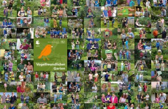 Fotocollage mit glücklichen Gartenbesitzenden bei der Plakettenübergabe der Auszeichnung "Vogelfreundlicher Garten". | © LBV