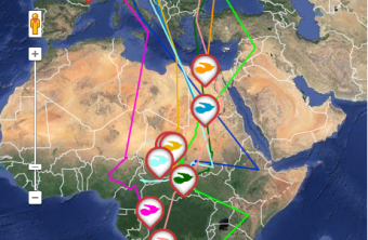 Prinzregent (beige) ist noch in Kroatien, während Kucki (dunkelrosa), Viktar (hellrosa) und Juliane (hellgrün) bereits in der DR Kongo, Angola und Sambia zu finden sind | © LBV