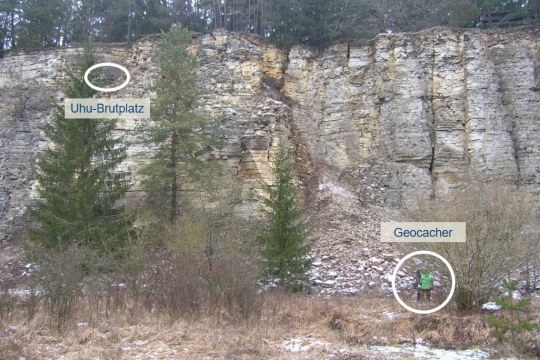 Geocacher in der nähe eines Uhu-Brutplatzes | © Christiane Geidel