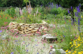 Naturnaher Garten mit Hochbeet aus Steinen und vielen bunten Pflanzen | © Birgit Helbig, LBV Bildarchiv