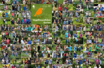 Fotocollage mit glücklichen Gartenbesitzenden bei der Plakettenübergabe der Auszeichnung "Vogelfreundlicher Garten". | © LBV