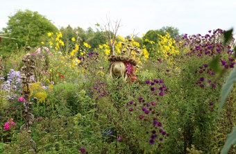Viele bunt blühende Stauden und eine Puppe aus Naturmaterialien | © Carola Bria