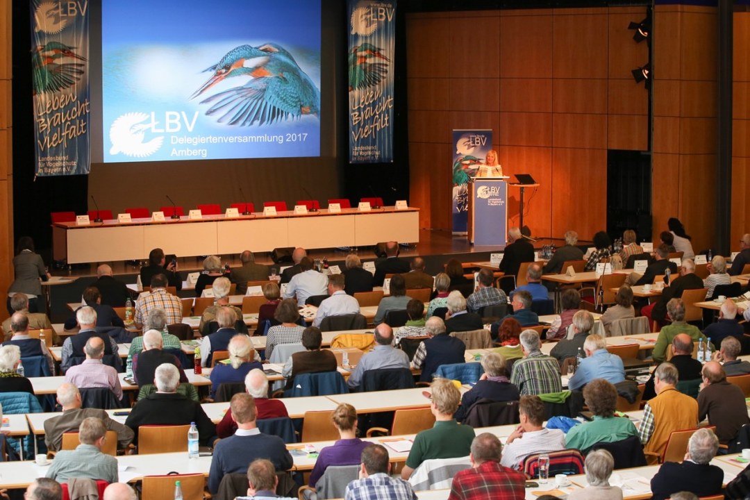 Großer Saal mit Leinwandprojektion und rechts einem Pult, wo Ulrike Scharf steht. Auf Bänken sitzen viele Menschen und schauen nach vorn | © Claudia Becher