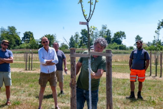 Stefan Heim zeigt verschiedene Stammschutzmöglichkeiten beim LBV in Ebersberg, um Bäume besser zu schützen | © Leonie Gloss