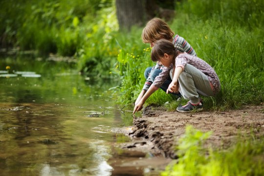 Zwei Kinder erforschen neugierig die Natur am Bachufer, ein Projekt der Umweltbildungsangebote des LBV. | © stock.adobe.com