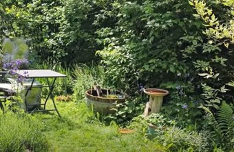 Ein idyllischer Naturgarten mit Sitzbereich lädt zur Entspannung ein, inspiriert durch den Landesbund für Vogel- und Naturschutz in Bayern e. V.