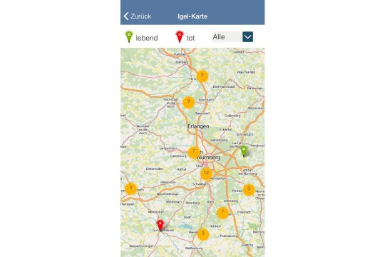 Karte der Igel in Bayern-App mit Igelmeldungen | © LBV, BR