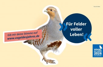 Ein Rebhuhn steht im Mittelpunkt eines Posters mit dem Slogan "Für Felder voller Leben!" vom LBV.