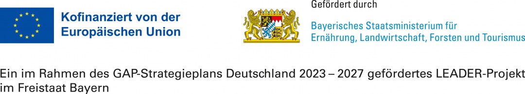 Förderlogos von EU und Bayern, unterstützt durch das Bayerische Staatsministerium für ein LEADER-Projekt von 2023-2027.