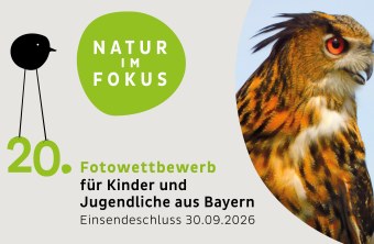 Banner für den 20. Fotowettbewerb des LBV mit einer Eule und dem Aufruf „Mach mit!“ für Kinder aus Bayern.
