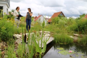 Zwei Frauen unterhalten sich im Hintergrund, im Vordergrund ist ein eingewachsener Gartenteich