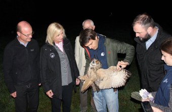 Uhu Freilassung mit Umweltministerin Scharf, Ferdinand Baer, Norbert Schäffer, Christoph Bauer | © Christiane Geidel