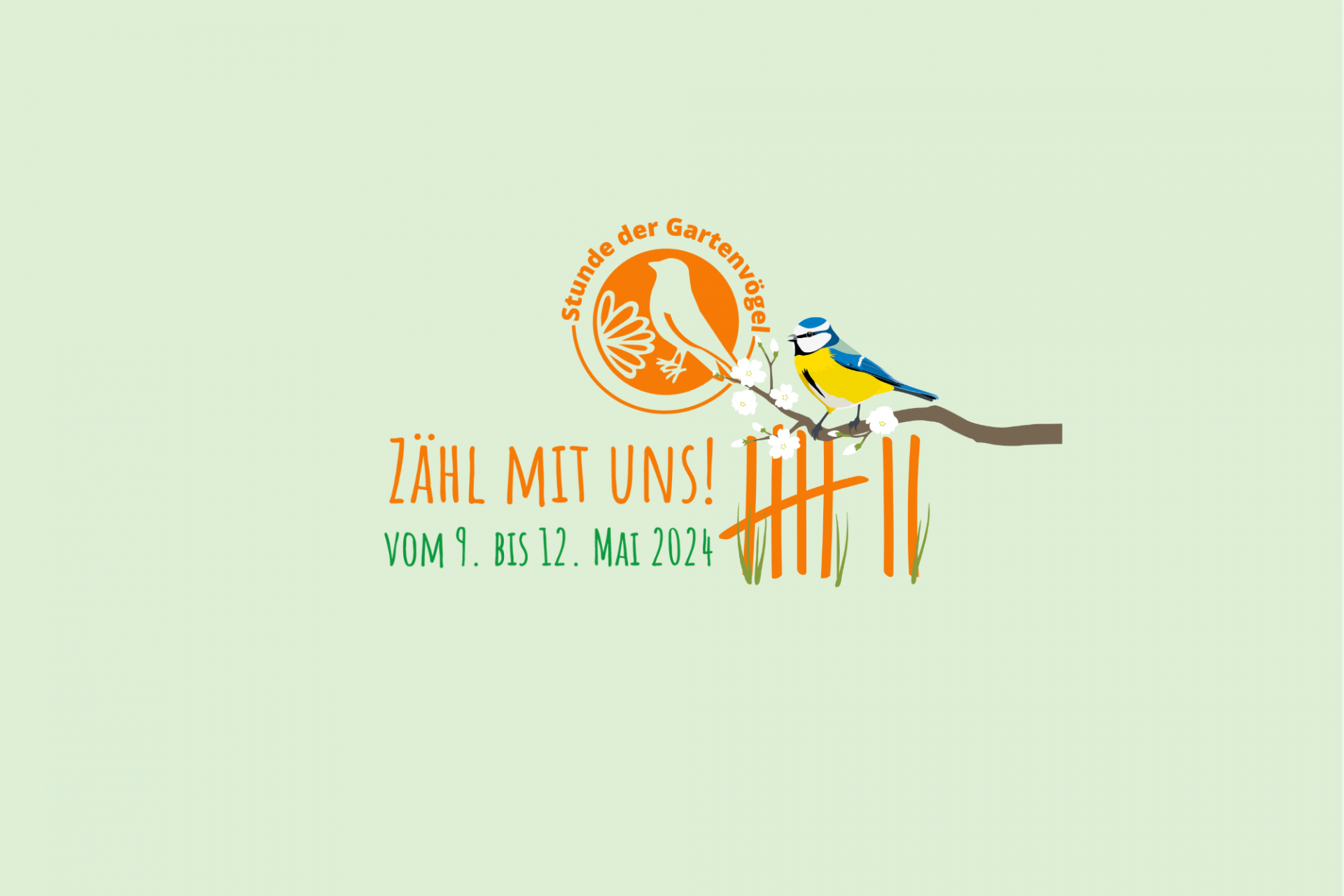 Headerbild Stunde der Gartenvögel in Bayern  mit einer stilisierten Blaumeise und dem Text Zähl mit uns. Vom 9.-12. Mai 2024