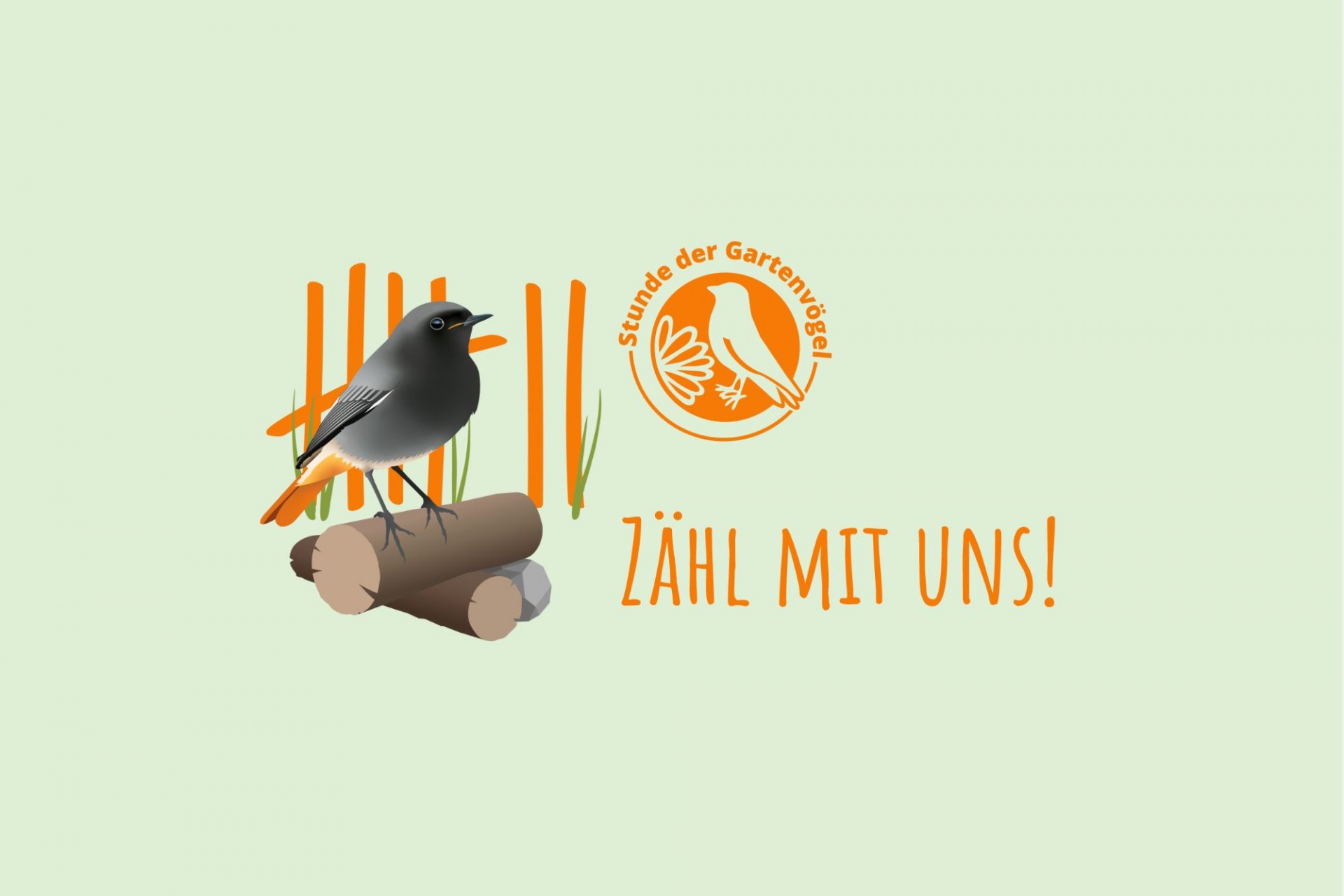 Headerbild Stunde der Gartenvögel in Bayern  mit einer stilisierten Blaumeise und dem Text Zähl mit uns. Vom 9.-12. Mai 2024