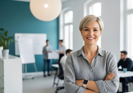 Eine lächelnde Frau steht mit verschränkten Armen in einem modernen Büro, während im Hintergrund ein Meeting stattfindet. | © stock.adobe.com