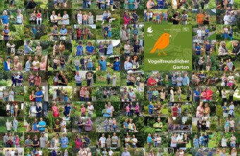 Fotocollage mit glücklichen Gartenbesitzenden bei der Plakettenübergabe der Auszeichnung "Vogelfreundlicher Garten". | © LBV
