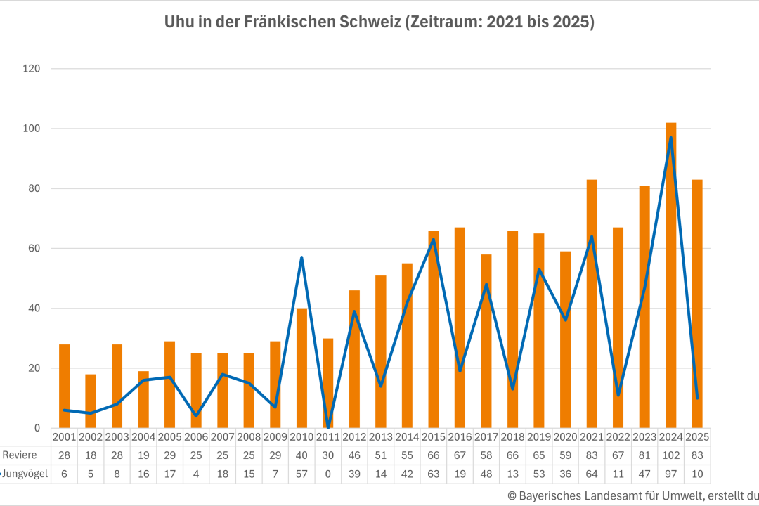 Bestandsentwicklung Uhu in der Fränkischen Schweiz | © LfU, erstellt durch LBV