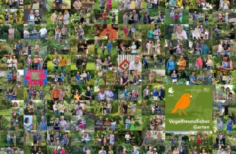 Fotocollage mit glücklichen Gartenbesitzenden bei der Plakettenübergabe der Auszeichnung "Vogelfreundlicher Garten". | © LBV