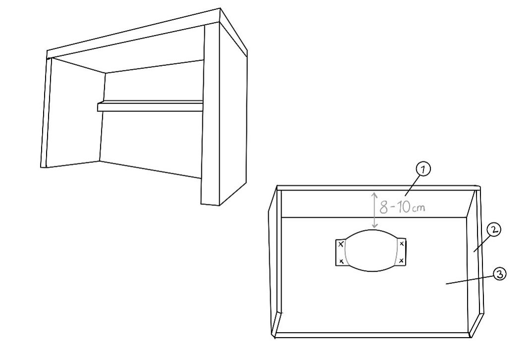 Skizze einer Schwalbenbox mit Abmessungen und Markierungen für den Zusammenbau | © Rieke Wüpping