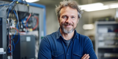 Ein mittelständischer Unternehmer lächelt selbstbewusst in einer modernen Büroumgebung. | © stock.adobe.com