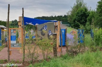 Ein Infostand des LBV auf der Landesgartenschau 2025 zeigt Natur- und Vogelschutzthemen in einer grünen Umgebung.