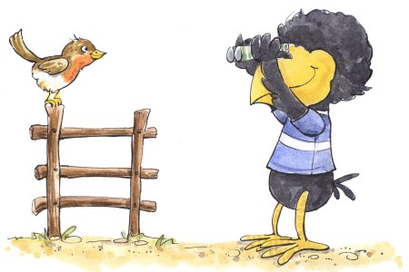 Illustration wie ein Rabe mit einem Fernglas ein Rotkehlchen beobachtet, dass auf einem Zaun sitzt | © LBV
