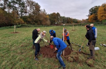 Freiwillige pflanzen Obstbäume bei einer Aktion des LBV zur Förderung der Biodiversität in Bayern | © Leonie Gloss