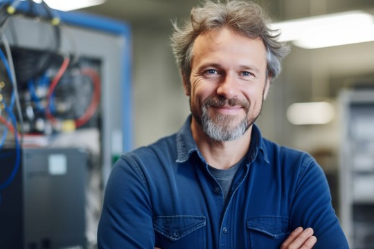 Ein mittelständischer Unternehmer lächelt selbstbewusst in einer modernen Büroumgebung. | © stock.adobe.com