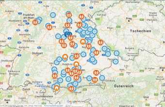 Bayernkarte von Google, mit den Symbolen für Umweltstationen, Geschäftsstellen, Bezirksgeschäftsstellen und Kreisgruppen