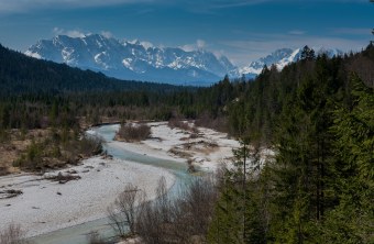 Wildflusslandschaft Obere Isar. Kiesbank mit hellblauem Fluss, umgeben von Bäumen. Im Hintergrund Berge mit Schnee bedeckt | © Wolfgang Lorenz
