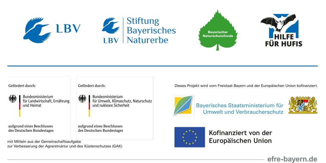 Logos von LBV, Stiftung Bayerisches Naturerbe, Bayerischer Naturschutzfonds, Hilfe für Hufis, EU-Logo, StmuV-Logo, Bundesministerium für Landwirtschaft, Ernährung und Heimat und für Umwelt, Naturschutz und nukleare Sicherheit.