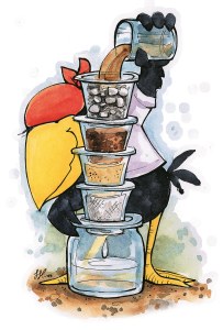 gemalter Rabe mit Wasserklärwerk aus verschiedenen Erd- und Gesteinsschichten die das Wasser durchlaufen muss um geklärt zu werden