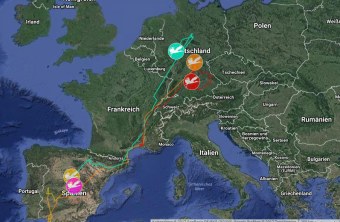 Screenshot der Weißstorch-Telemetrie-Karte, wo man die Zugroute von fünf Weißstörchen sehen kann | © LBV