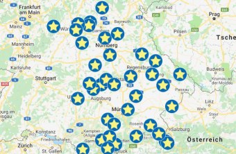 Google-Karte von Bayern mit den Icons der EU-VOgelschutzgebiete. Die Icons sind rund, blau und haben einen Stern in der Mitte