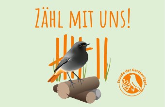 Ein Vogel sitzt auf einem Ast mit dem Slogan "Zähl mit uns!", gefördert vom Landesbund für Vogel- und Naturschutz in Bayern e. V.
