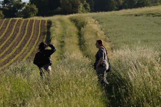 Zwei LBV-Mitarbeiterinnen stehen auf einem Feldweg und beobachten die Natur im Sonnenlicht | © LBV
