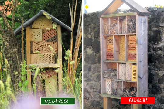Links ist ein positives Beispiel für Insektenhotels und rechts ein negatives | © Birgit Helbig
