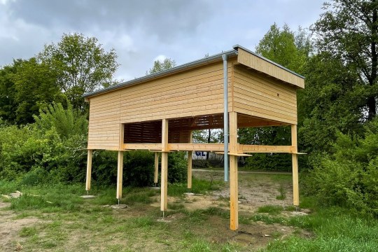 Holzunterstand auf Stelzen in grüner Landschaft | © gruenstifter/www.gruenshoppen.de