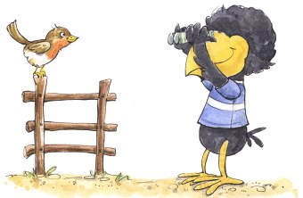 Illustration wie ein Rabe mit einem Fernglas ein Rotkehlchen beobachtet, dass auf einem Zaun sitzt | © LBV