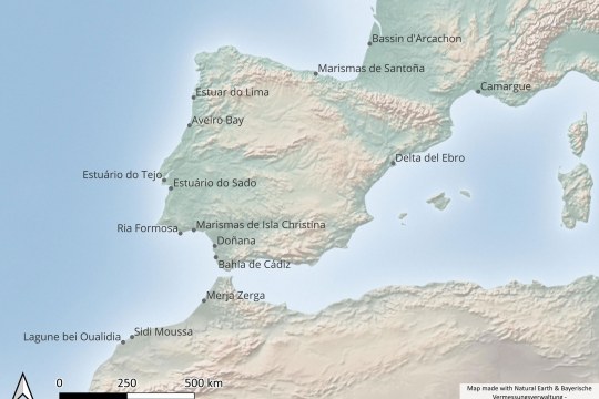 Karte von Südeuropa mit markierten Feuchtgebieten, darunter Bassin d'Arcachon und Delta del Ebro | © LBV