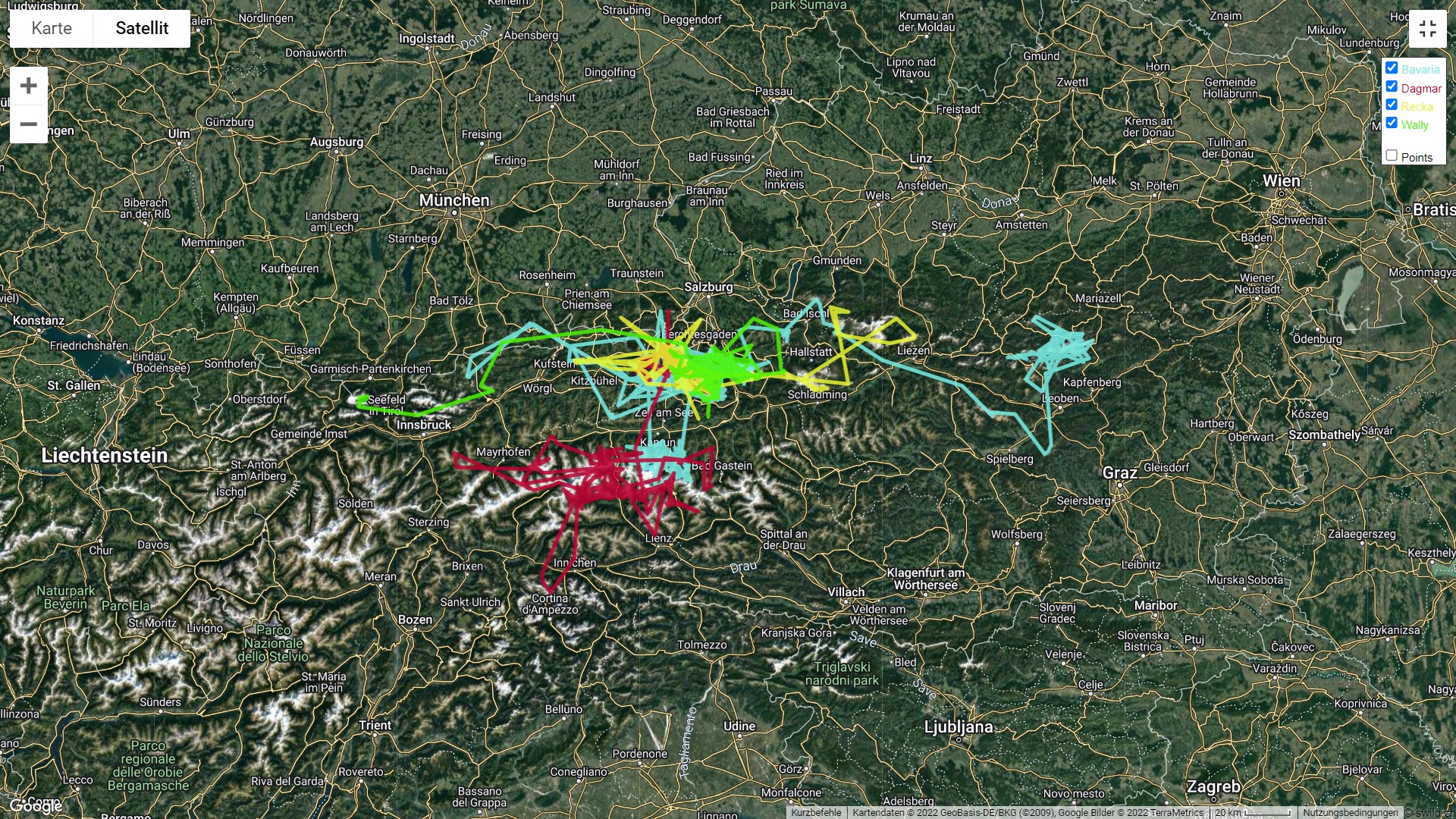 Satellitendaten aller vier Bartgeier  | © IBM, D.Schuhwerk