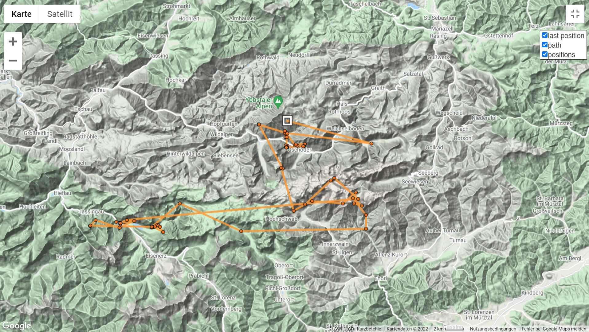 Bavarias Senderdaten und die bekannten Flugrouten seit der Reaktivierung der Batterie |© GPS Senderdaten LBV