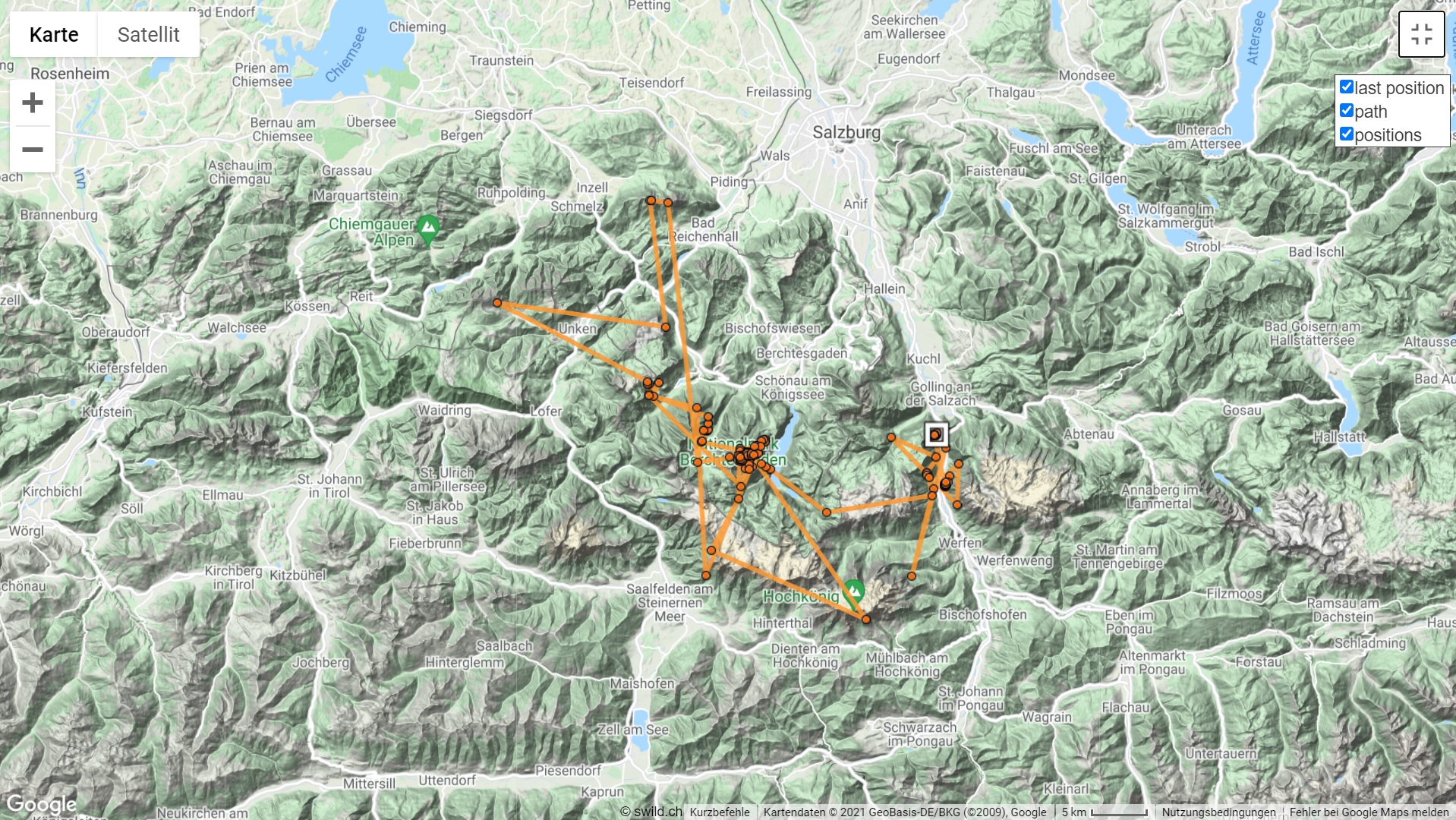 Wallys Flugrouten und Aufenthaltsbereiche bleiben im Umfeld des Nationalparks | © Screenshot LBV